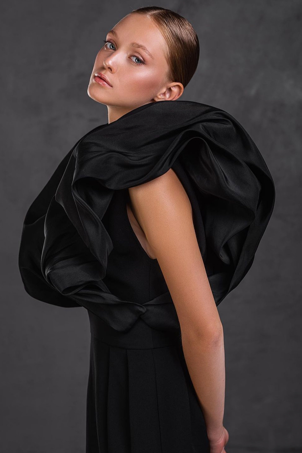Black Silk Mini Dress With Taffeta Buff Sleeves
