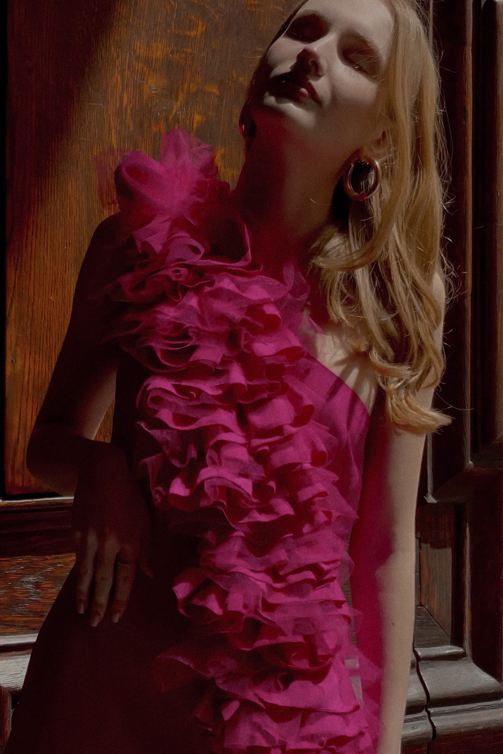 Fuchsia One-Shoulder Gown with Tulle Decor