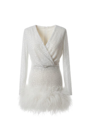 Mini White Dress with Ostrich Feathers Laskari